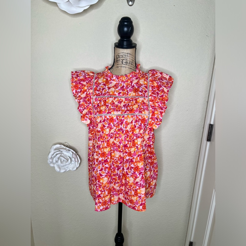 NTM: Entro Sunset Dream Mock Neck Ruffle Sleeve Babydoll Orange & Pink Top Sz M